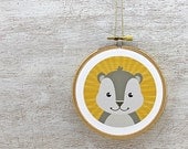 Squirrel Embroidery Hoop Art: Woodland Squirrel Nursery Decor - Fabric Wall Hanging, Grey, Yellow, Beige, Woodgrain, Ready to Hang