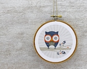 Owl Embroidery Hoop Art: Hoot Owl Nursery Art - Fabric Wall Hanging, Navy Blue, Orange, Grey, Tree Branch, Leaf, Kids, Ready to Hang