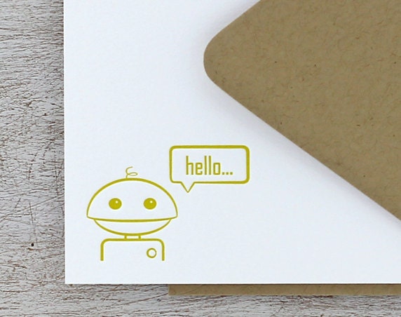 Robot Note Card Set Letterpress Geekery - Fathers Day, Men - Bamboo Mustard Yellow, Techie, 10 pack (NRH03)