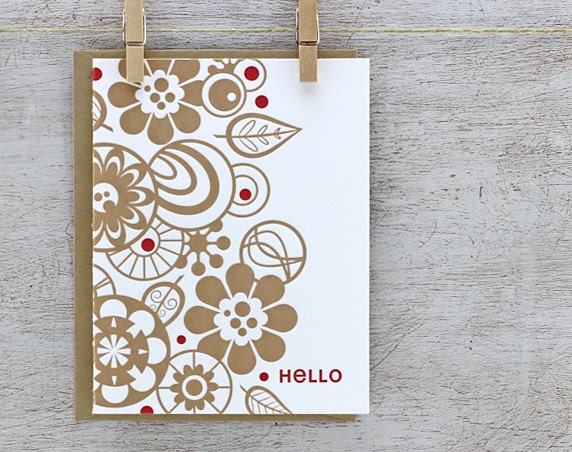Retro Flower Letterpress Greeting Card Set: Folded Greetings, Leaf Pattern, Hello Typography, Camel Tan Taupe Beige Khaki -3 pack (GRH01)