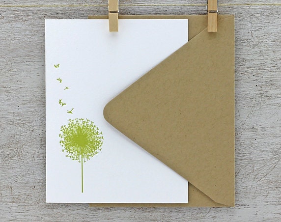 Dandelion Letterpress Notecard Set - Flower, Flat Note Cards, Chartreuse Green, Spring, Summer - 10 pack (NDD4)