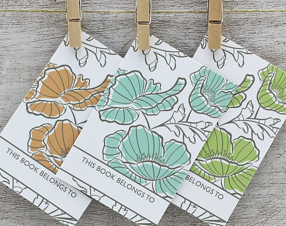 Poppy Flower Book Plate: Self Adhesive Bookplate - Floral Print, Bookmark, Boy, Girl, Seafoam, Peach, Chartreuse Green, Grey  (Set of 12)