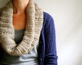 Knit Cowl Scarf, Wide Ribbed, Hand Knit Neck Warmer, Wool in Light Gray