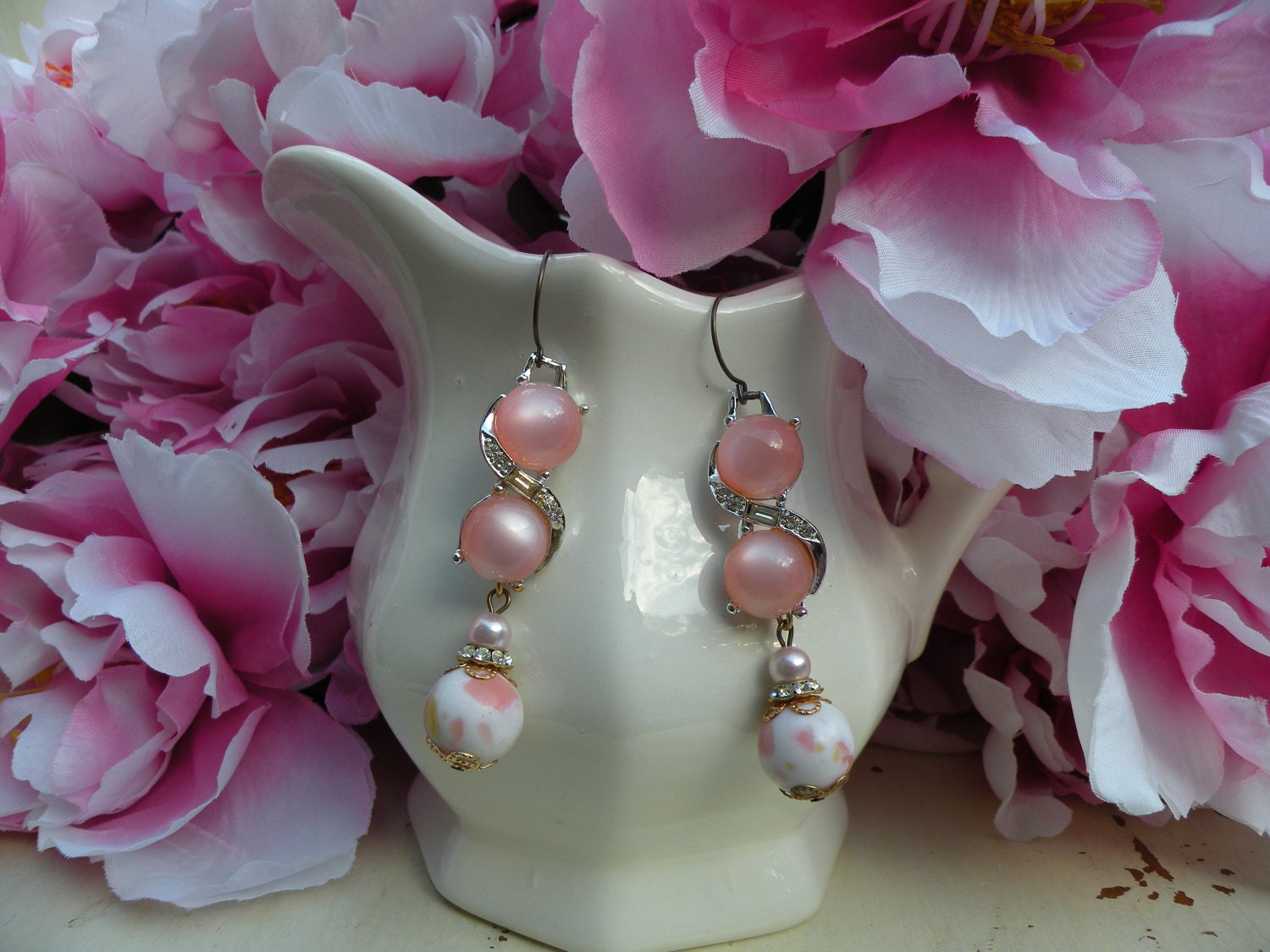LUSTRO vintage assemblage earrings girly pink shabby chic ooak unique gift idea feminine