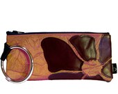 Eco Friendly Bangle Wristlet in Iridescent Fuchsia and Gold Satin w Deep Maroon Flower Applique