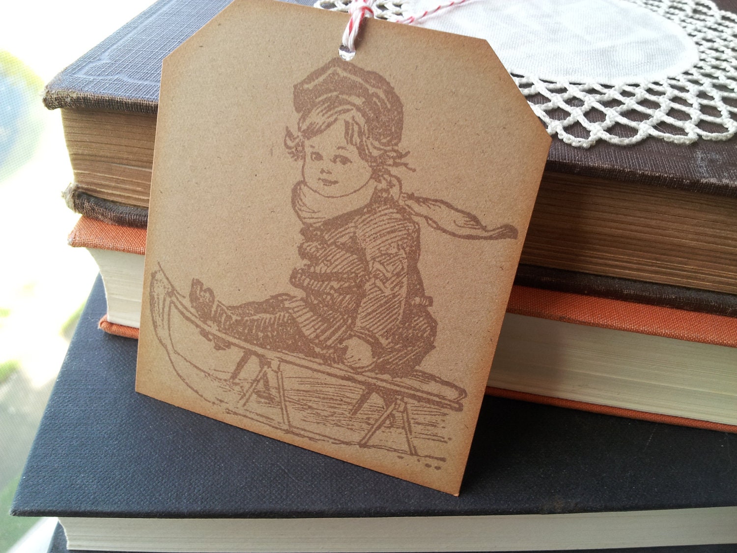 SALE Christmas Tags Vintage Sled Jumbo Kraft Paper Set of 4