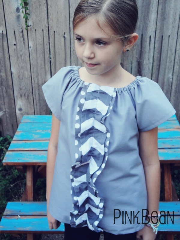 Gray Peasant Top with Chevron and Polka Dot Ruffle -- Available in Sizes 2T, 3T, 4T, 5, 6, 7 and 8