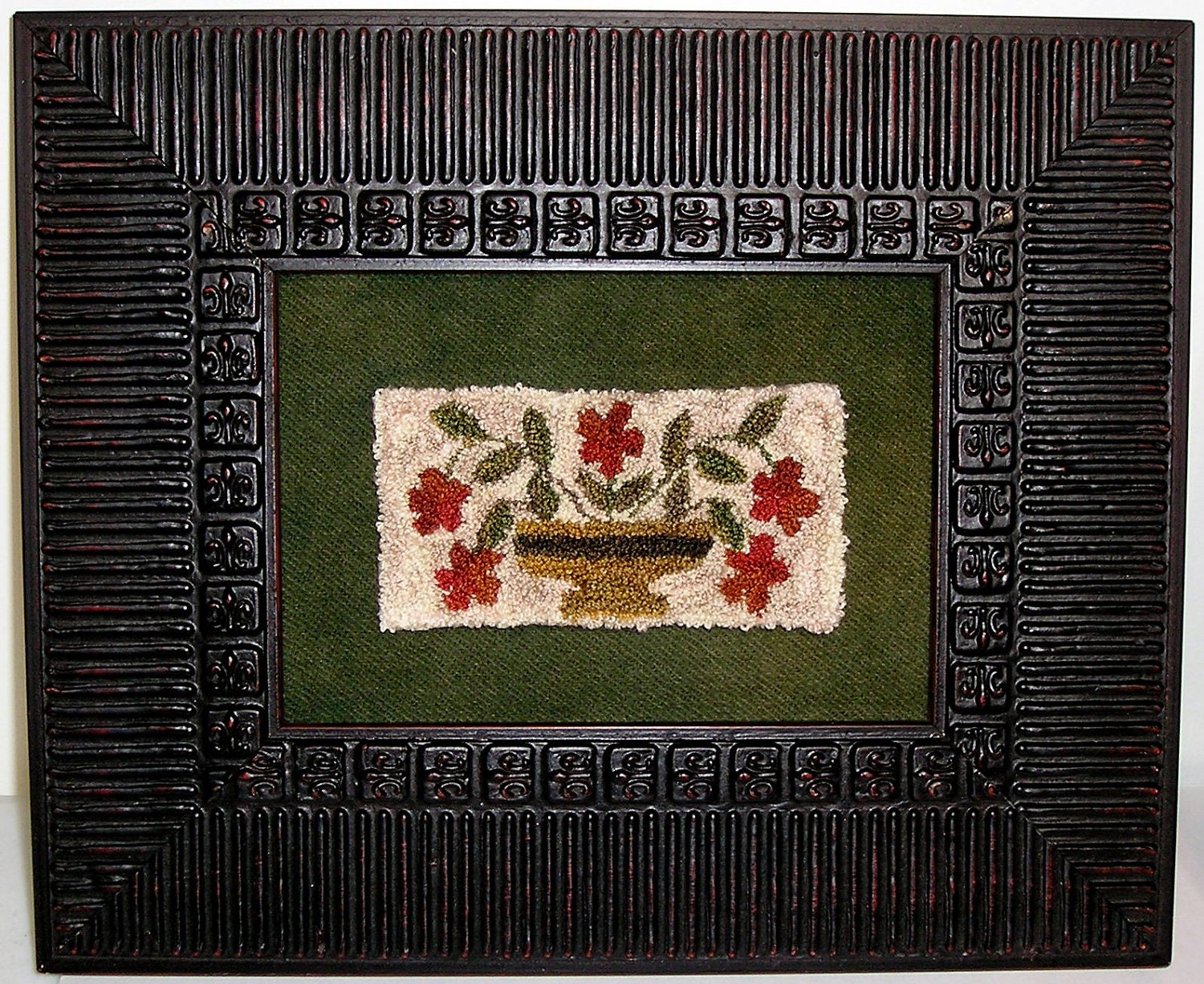 Finished Primitive Flower Vase  Punchneedle in Frame