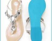 Something BLUE SOLE Jewel Crystal Strappy White Bridal Thong Sandals Shoes Beach Wedding
