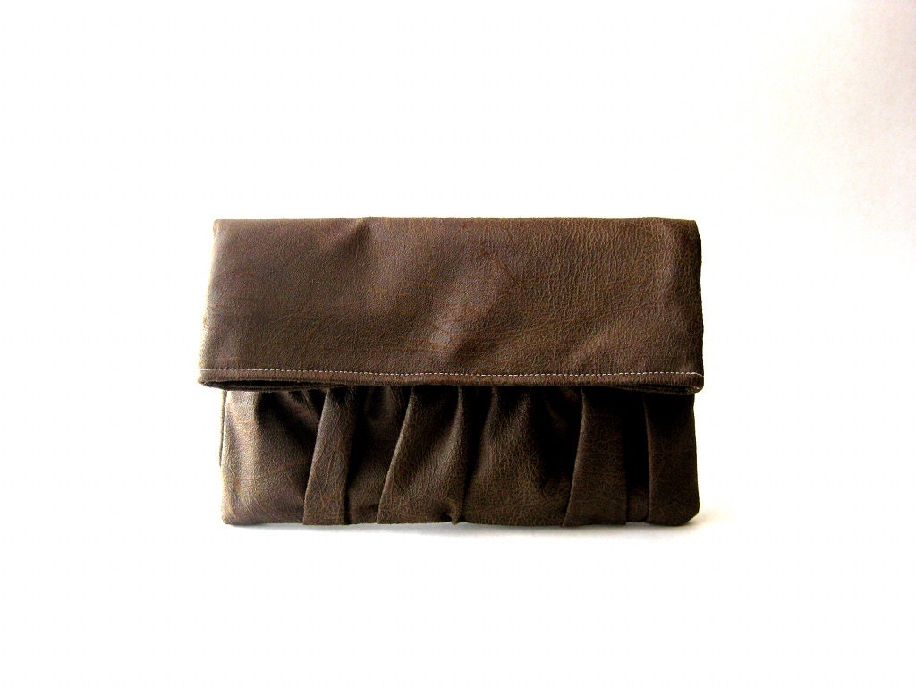 Foldover, handbag, clutch, pouch, purse - Delicada Fold Over Clutch in Brown Faux Leather