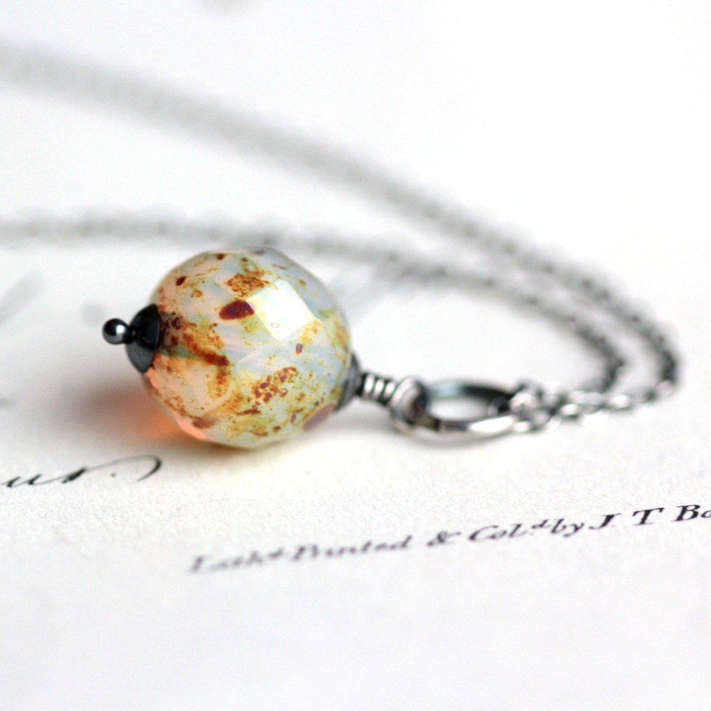 White Cashmere Necklace - Picasso Czech Bead Pendant on Sterling Silver Chain - Modern Glass Beaded Necklace