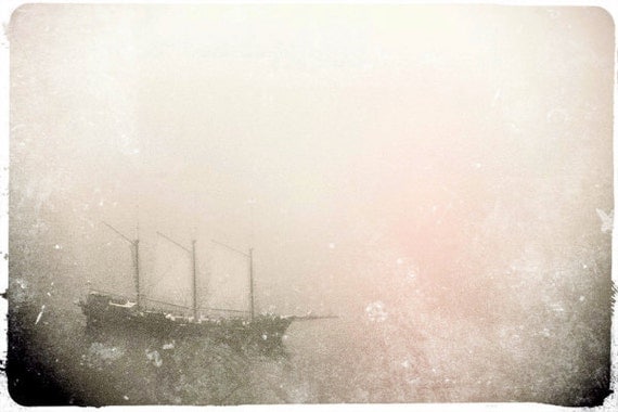 Dreamy Pirate Ship Photo "Ghost Ship" Fine Art Nautical Photograph - Surreal Ocean Boat - Foggy Sea Sky - Grey Pastel Muted Pink