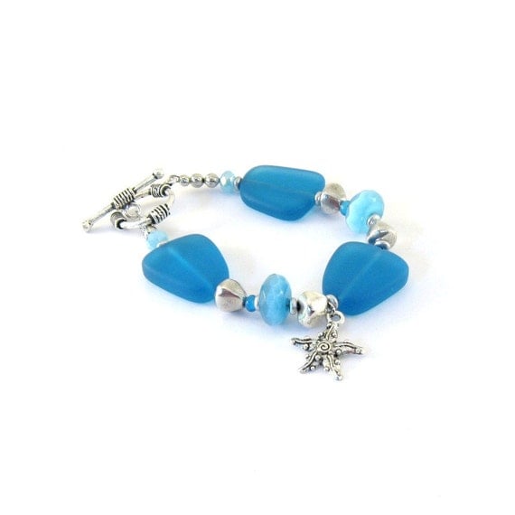 Blue Sea Glass Bracelet Royal Blue Cat Eye Silver Starfish Silver Beaded Bracelet