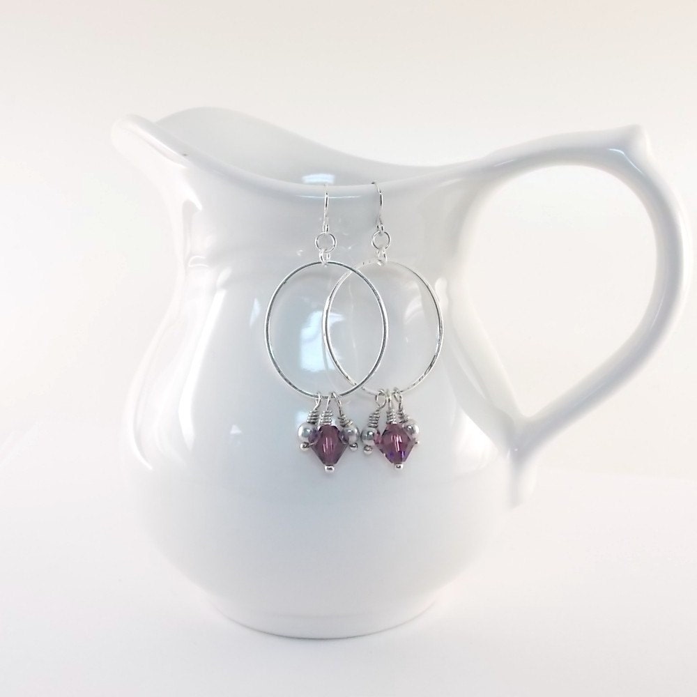 Purple Hoop Earrings Sterling Silver Plated Hoops, Swarovski Bicones, Czech Glass Beads Beaded Wire