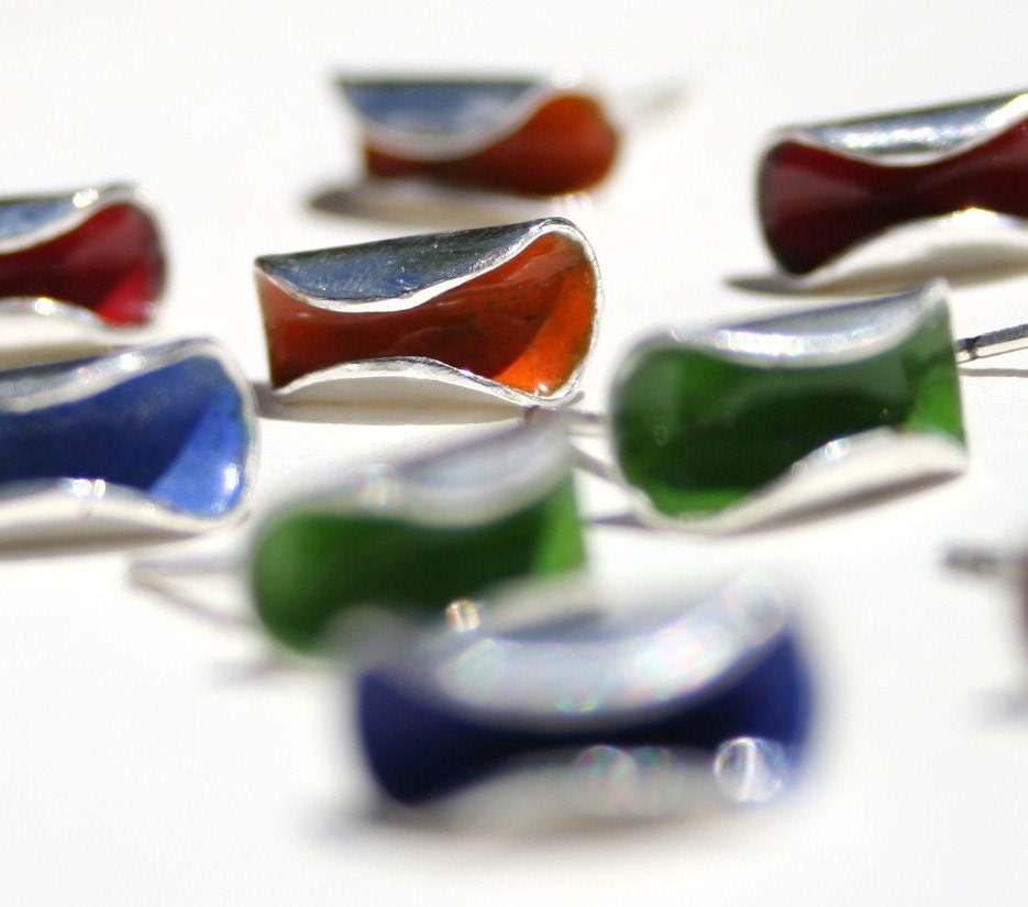 curlywurly fine silver handmade enamel earrings red blue yellow green