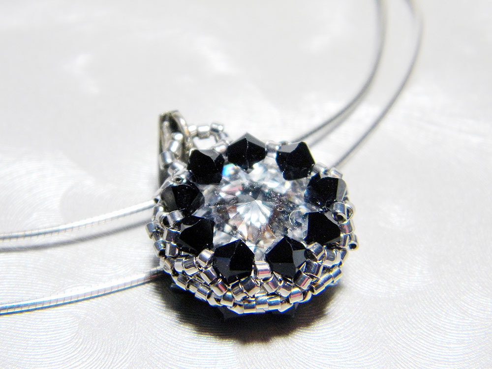 Crystal Swarovski Rivoli Pendant Jet Black White Gold Beadweaving Sterling Silver - "Black Tie Gem"