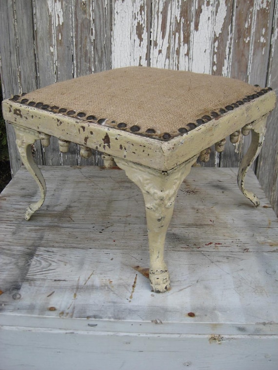Antique handmade STOOL with BURLAP seat and original CHIPPY ivory paint