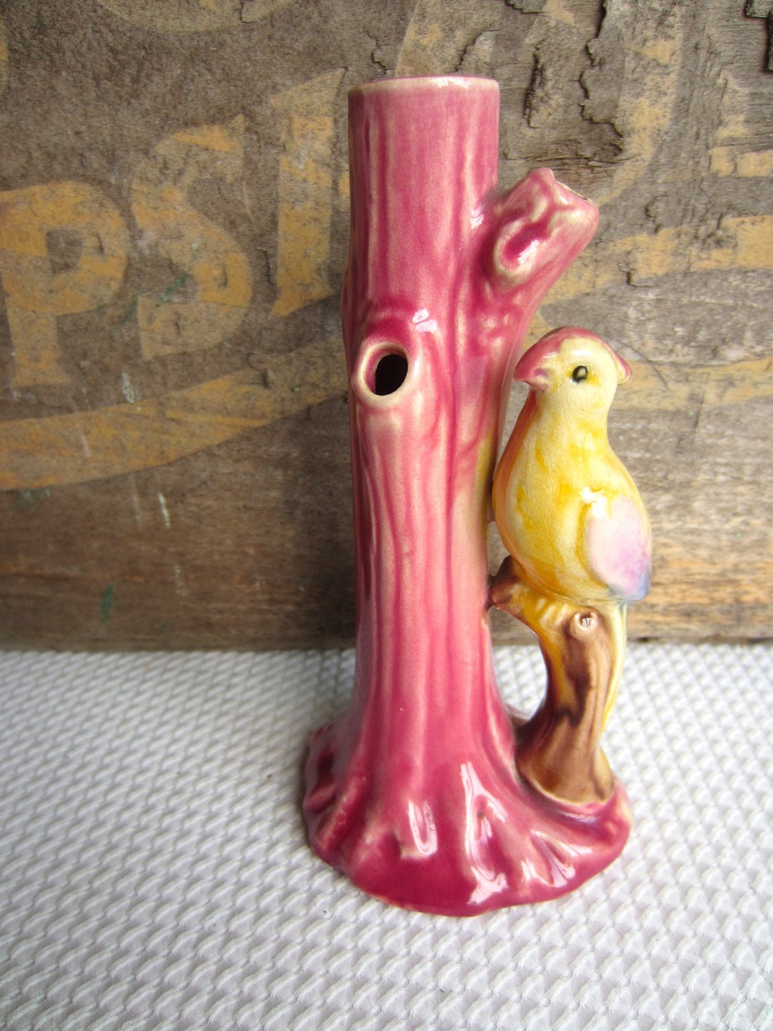 Vintage Golden Bird on Tree Ceramic Bud Vase