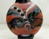 Handmade Lampwork Glass Bead, Organic Lentil Focal Bead Terra Cotta Black 'Day Tripper'