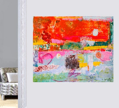 RESERVED For R. Original Abstract Painting canvas 29x24 red turquoise green pink modern wall art mixed media textured Ana Gonzalez