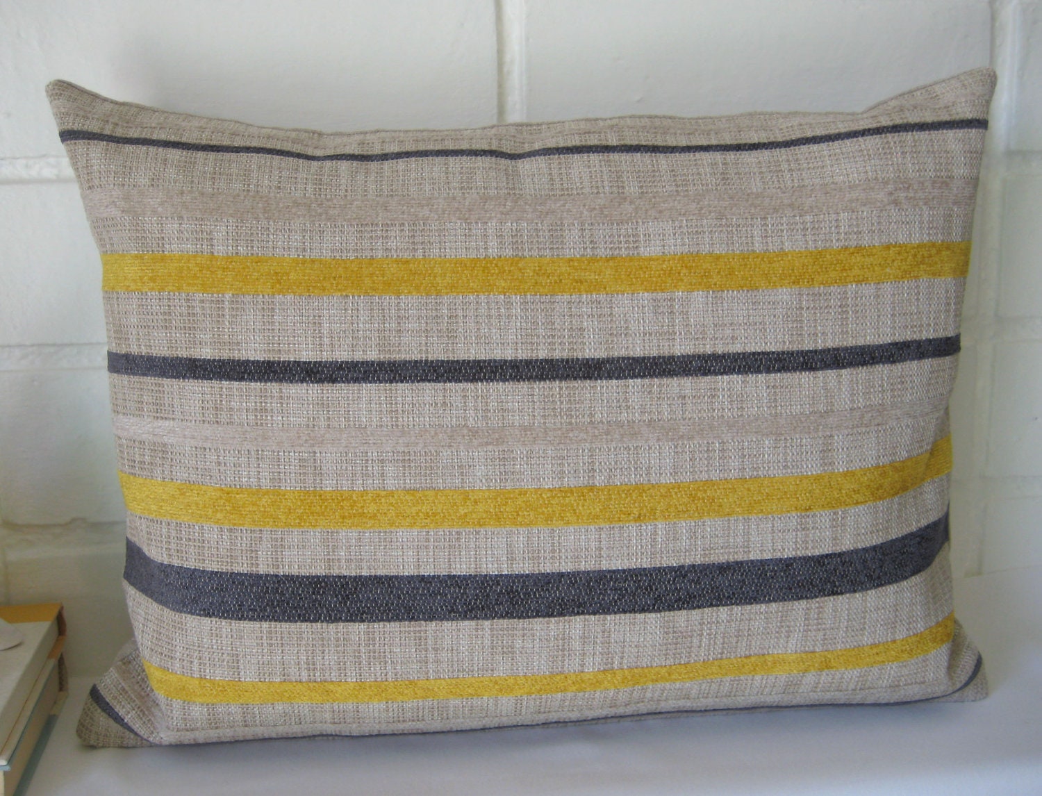 Stripes in yellow and charcoal grey one 14x20 inch lumbar accent pillow toss pillow cover