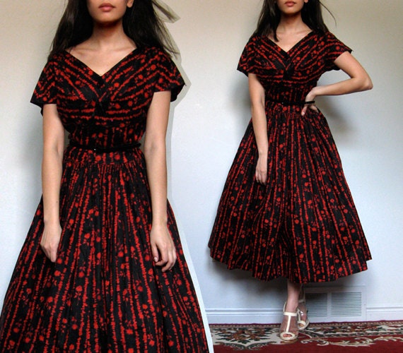 60s Day Dress Vintage Tea Length Dress Black Red Floral Full Circle Skirt Party Dress  - Medium. Large. M/ L