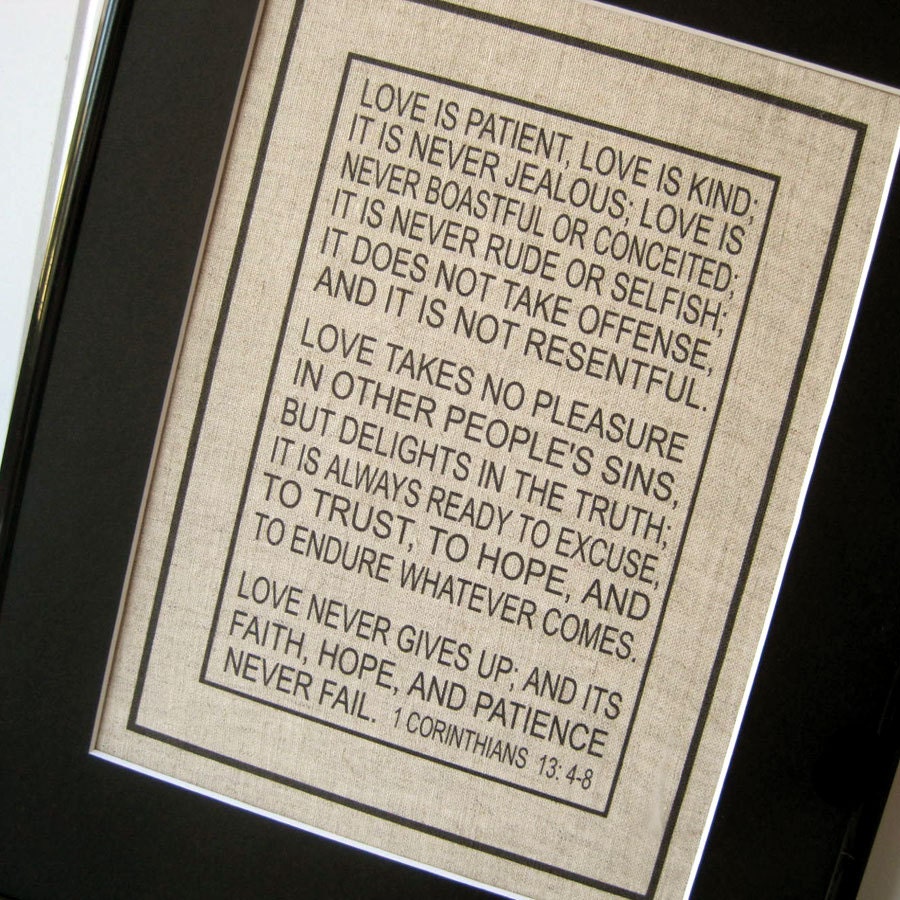 Linen Burlap Love Quote Corinthians 8x10 Typography Print in an 11x14 Mat