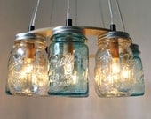 Beach House Mason Jar Chandelier - Upcycled Hanging Mason Jar Lighting Fixture Direct Hardwire - BootsNGus Lamps Rustic Home Decor