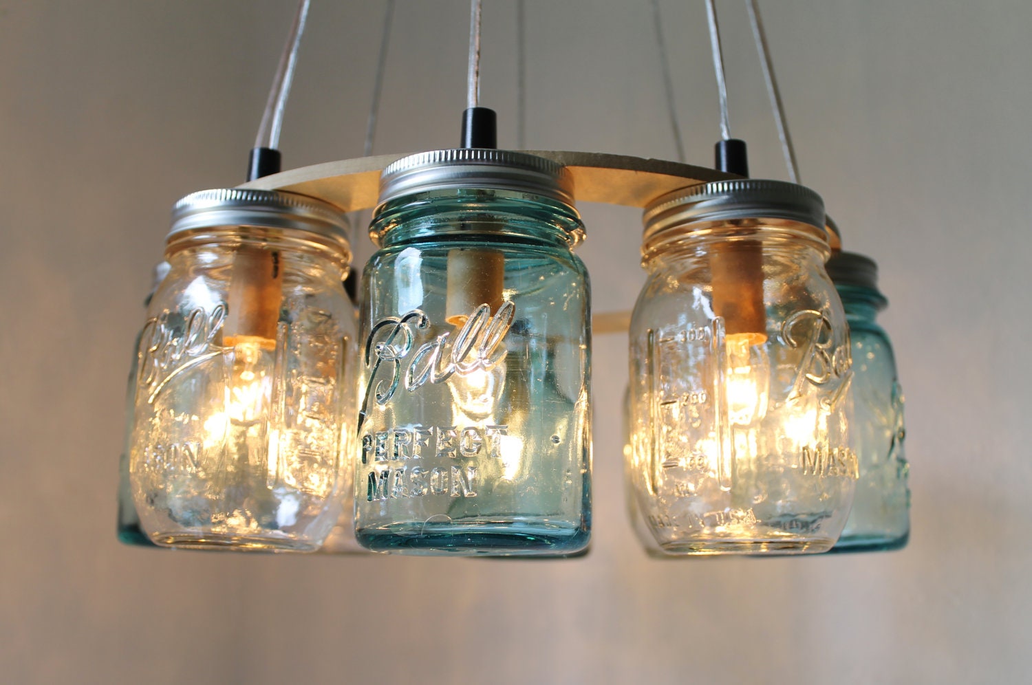 Beach House Mason Jar Chandelier - Upcycled Hanging Mason Jar Lighting Fixture Direct Hardwire - BootsNGus Lamps Rustic Home Decor