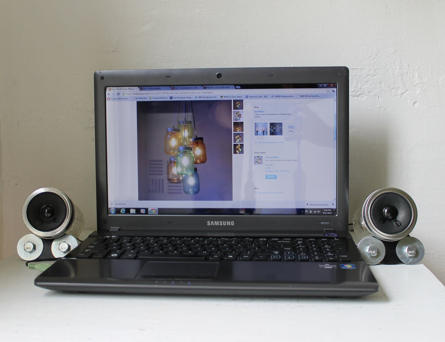 Mason Jar Speakers - Unique UpCycled Crystal Pattern Computer - Game Consoles - iPhone - IPOD - MP3 - Amplified Speaker Set - Handmade Bases