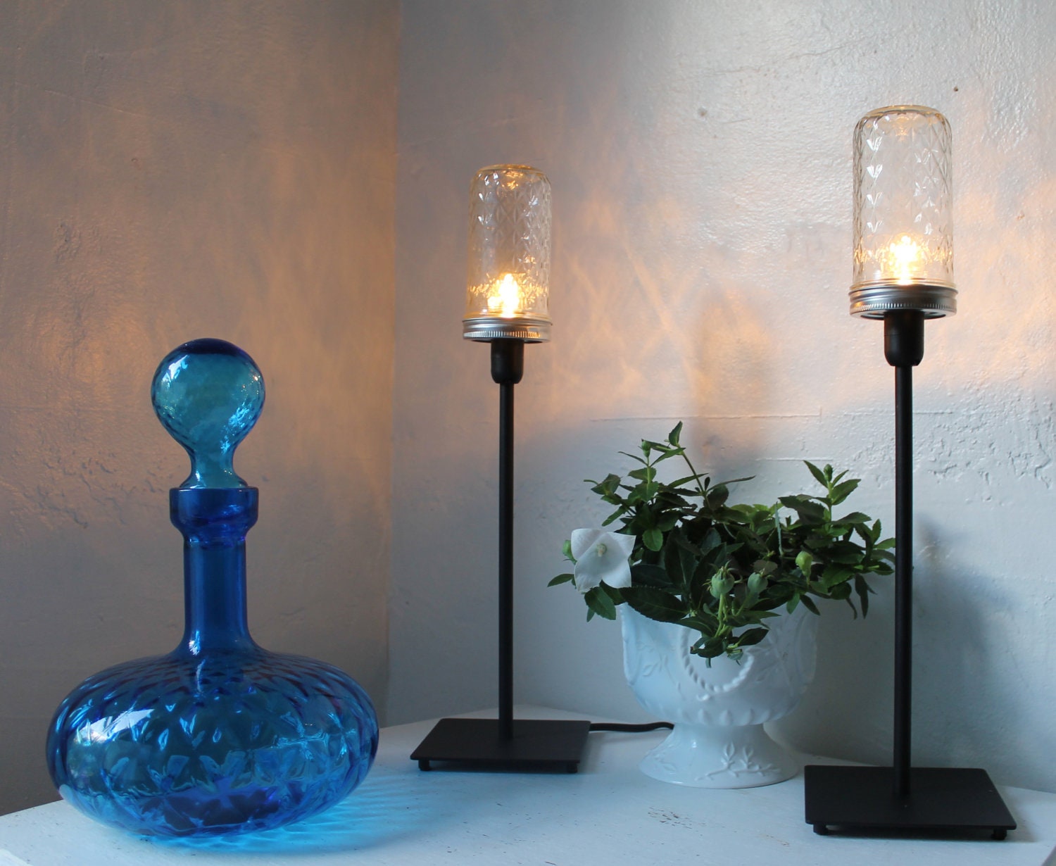 Quilted Jelly Jar Table Top Lamps - Set of 2 - Upcycled Lighting Fixtures - black metal and glass office lamps - BootsNGus design