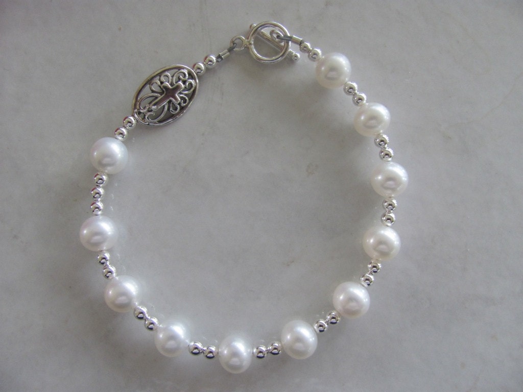 Freshwater Pearl and Sterling Rosary Bracelet with sideways cross