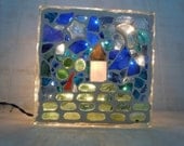 Mosaic Light Block:  'Little House On The Hill' Night Light In Blue and Green