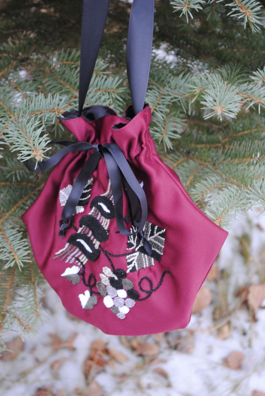Reticule Handbag Purse Regency Austen Victorian Embroidered Satin Black Cherry Red Historical