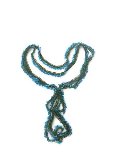 Crochet lariat scarf with Beads in Blue, Marine, Zaffre, Navy blue, Olive Green, Green, Necklace, Harvest, Feminine, OOAK, Unique