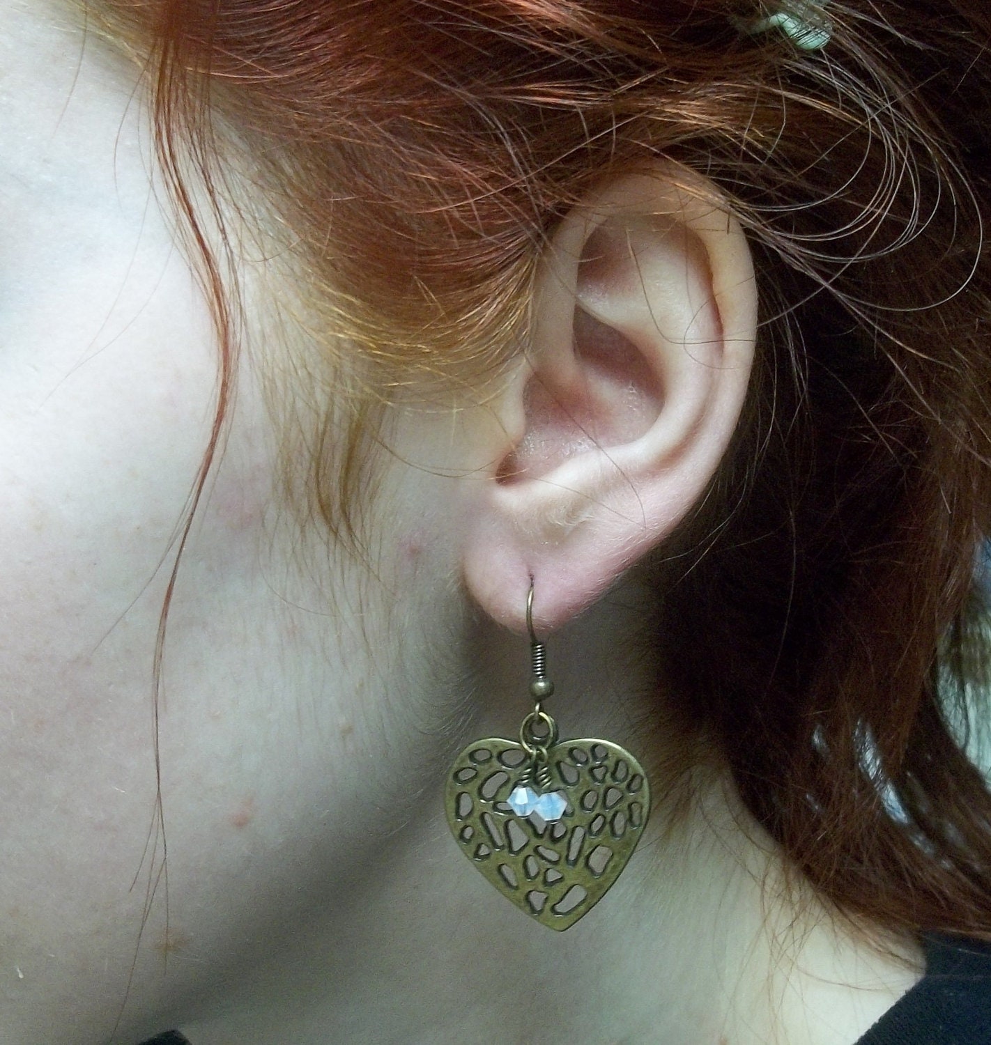 white swaroski crystal Antiqued brass heart earrings