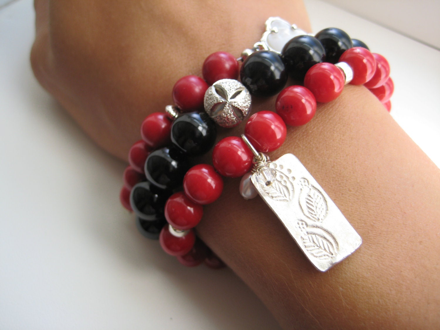 Red Bamboo Coral Beaded Silver Charm Bracelet