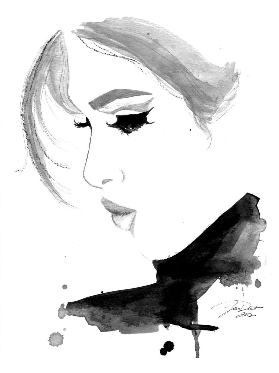 Print from original watercolor and pen fashion illustration by Jessica Durrant titled, Fade into You