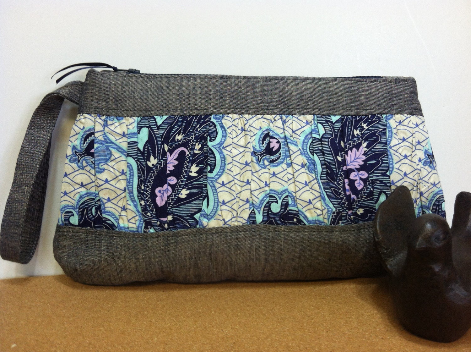 Natural Navy and Cream Linen Wristlet Clutch with ruched gathered inset