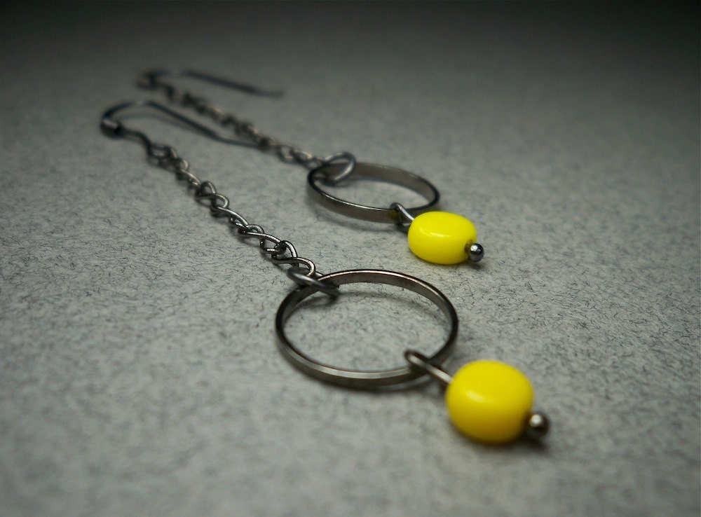 Gunmetal and Yellow Glass Coin Bead Dangle Earrings