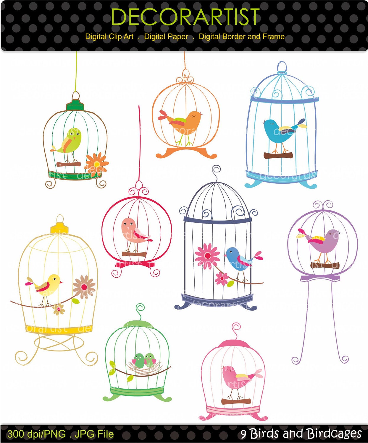 instant download Digital clip art birdcage, bird clip arts, 9 birds and birdcages, invitations, card making