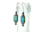 Teal Rectangular Glass Earrings with White Wire