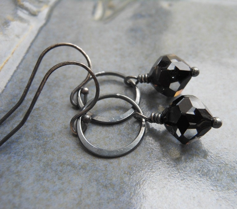 SALE Oxidized Hoop Earrings, Sterling Silver Black Swarovski Crystal Dangle Hoop Earrings.