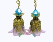20% off Spring Sale - Lucite Flower Earrings - Purple, teal and green Tulip  beads