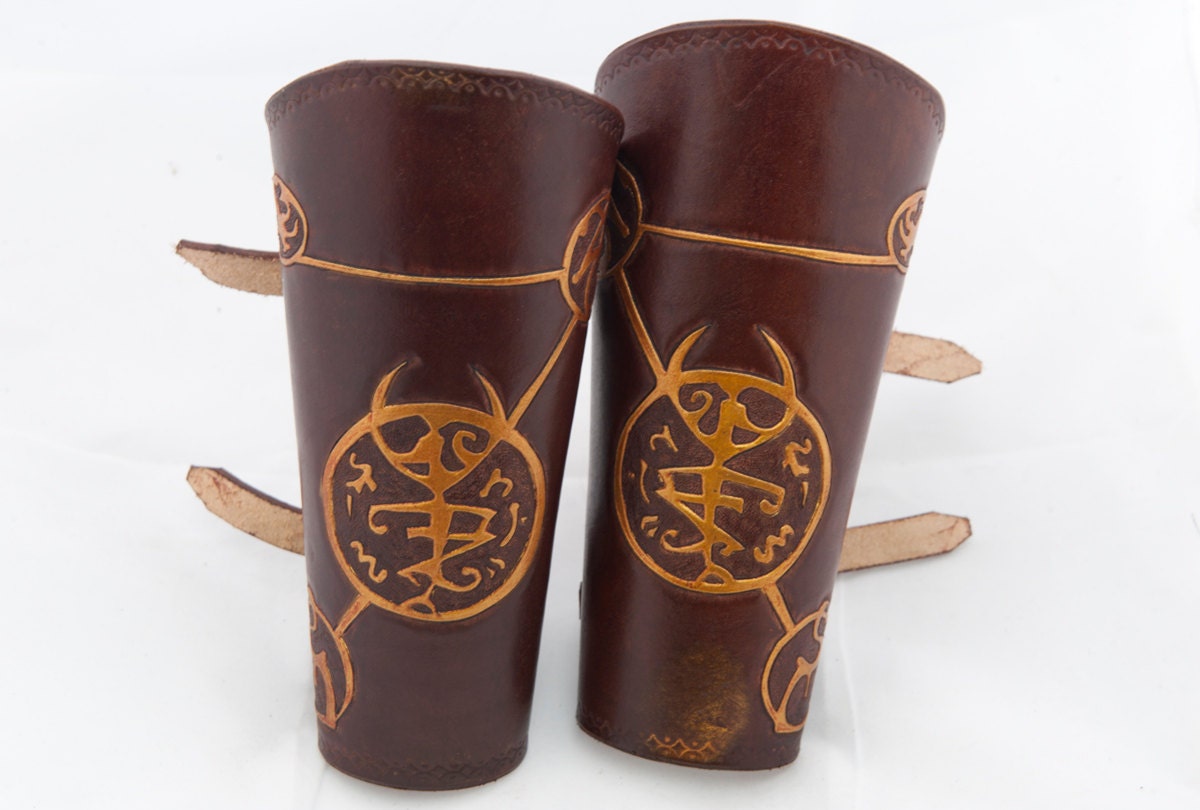 Cordovan brown leather bracers with gold mystical cthulhu elder signs steampunk armor cuff