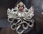 Crown Jewel With Vintage Gear, Steampunk Octopus Necklace Supply, Sterling Silver Finish On USA Brass, Exclusive Original Hand Made