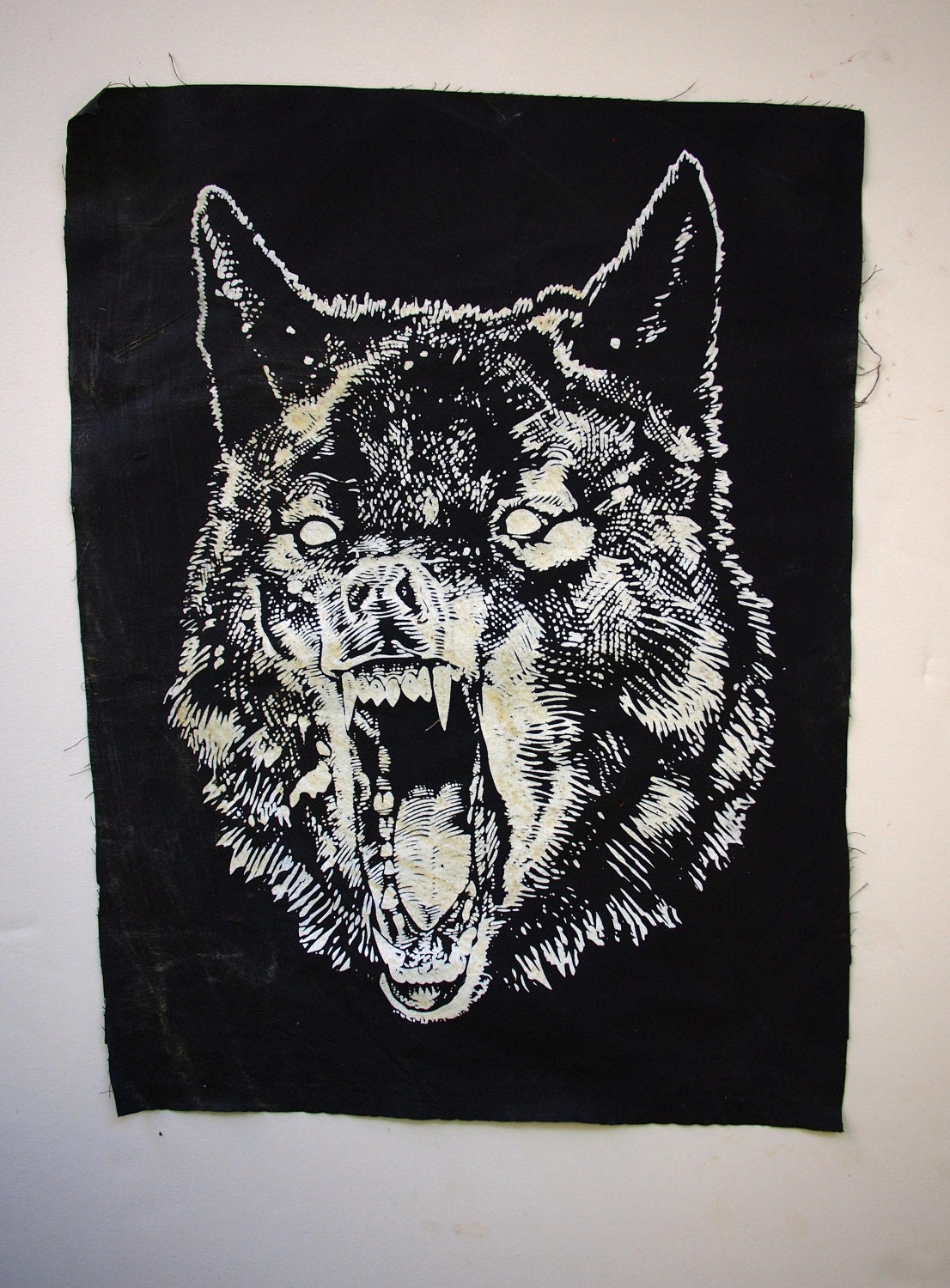 WOLF Back-Patch, WHITE on Black, Beeswaxed cotton waterproofing