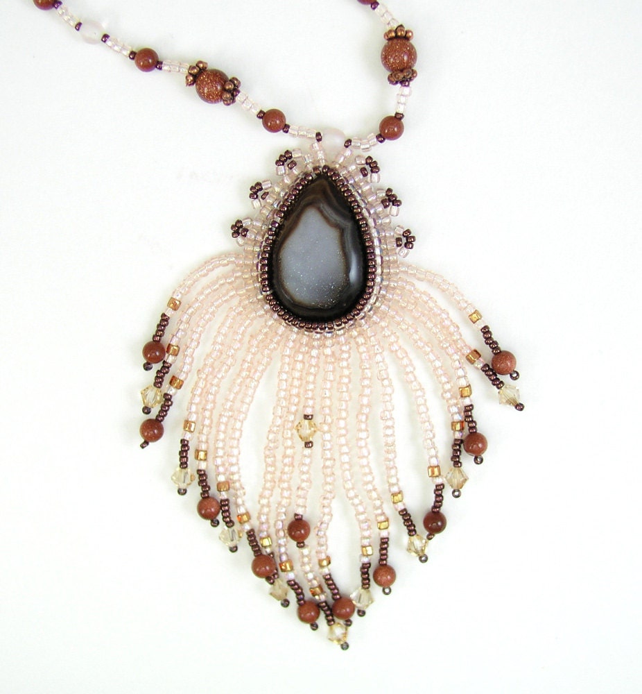 Druzy Agate Bead Embroidered Pendant Necklace, Handmade, Fringe, Native American Look