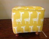 Custom kids furniture, hassock ottoman footstool 16" cube, yrllow and white gizella, giraffe for kids, or choose your own fabric