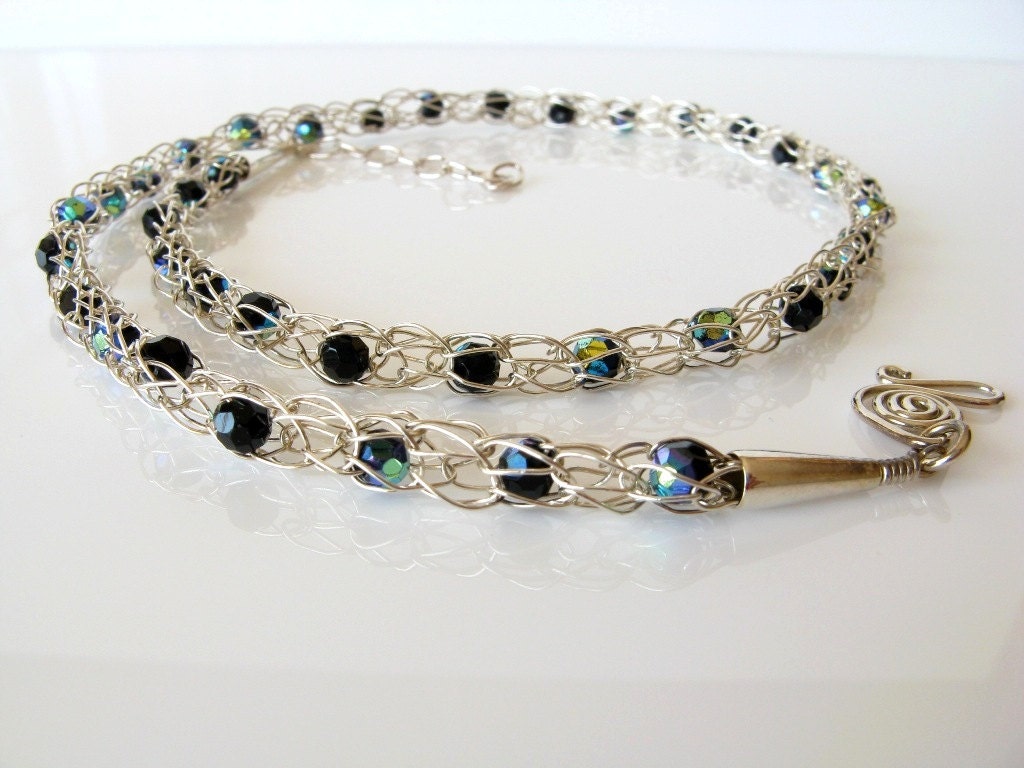 Silver wire crochet necklace with blue black crystals
